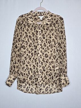 Nine West Beige Leopard Print Button-Front Blouse